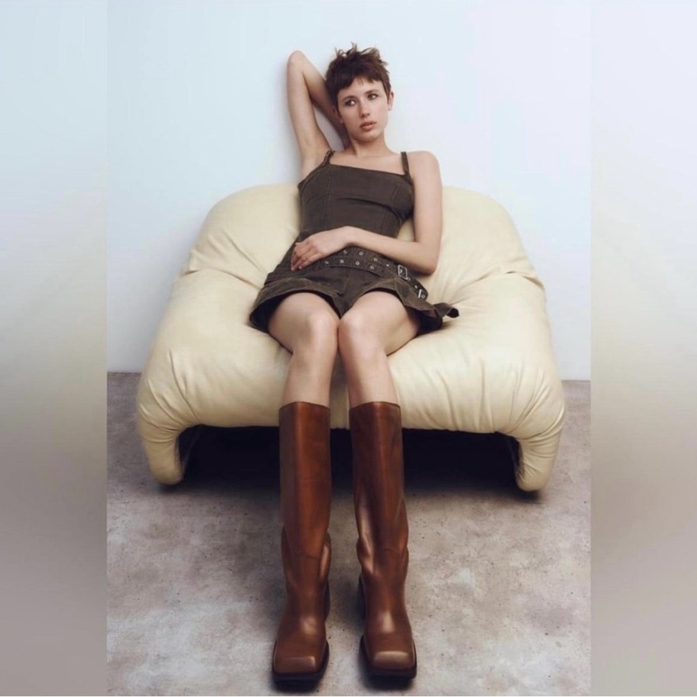 ZARA Brown Square Toe Tall Leather Boots Sz 37